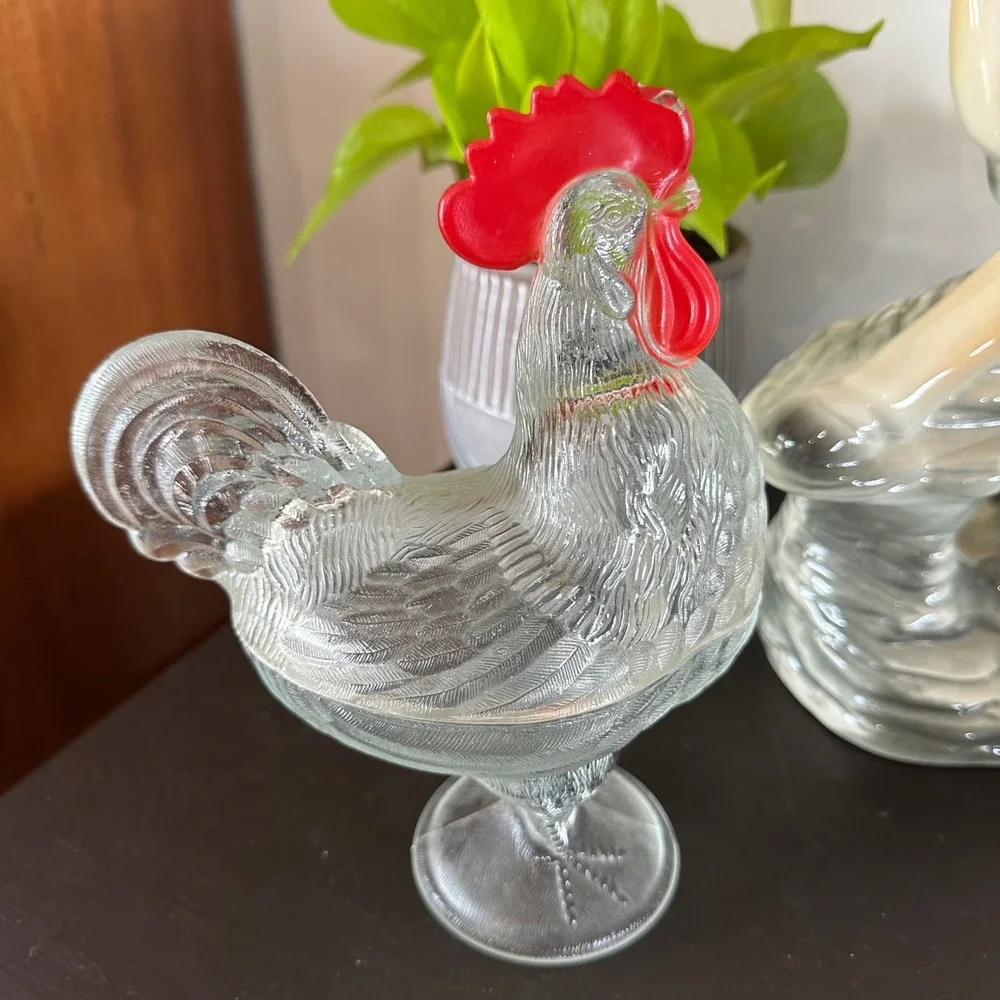 VTG Clear Glass Rooster Candy Dish Red Comb Pedestal Covered Compote Bowl MCM